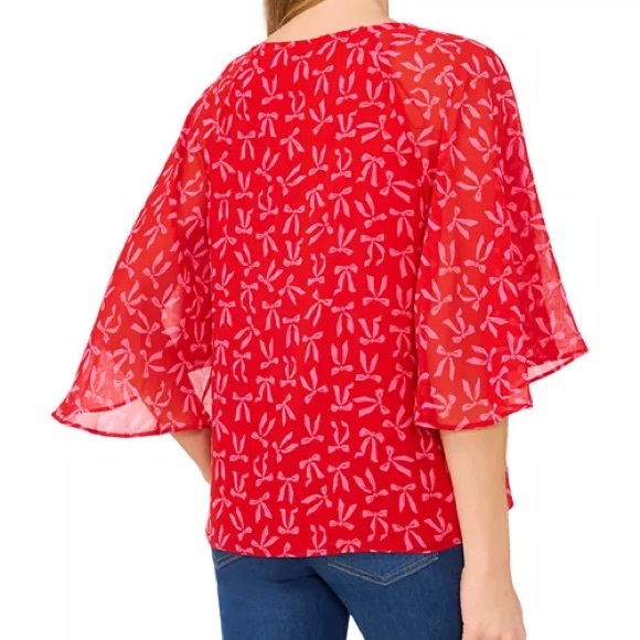 CeCe Red and Pink Bow 🎀 Print Blouse - Picture 2 of 7